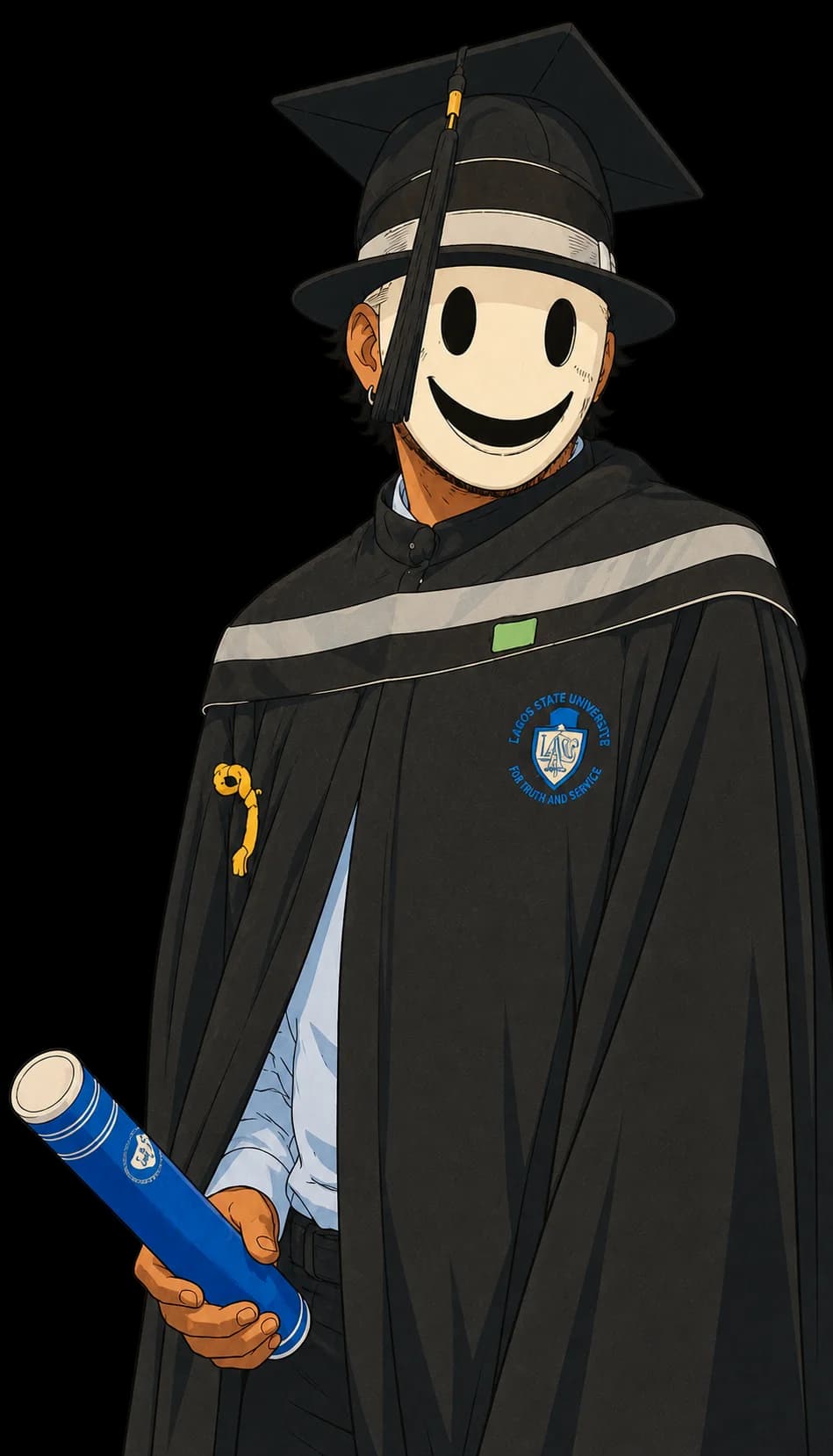 Pedro's illustrated graduation portrait with a smiling mask