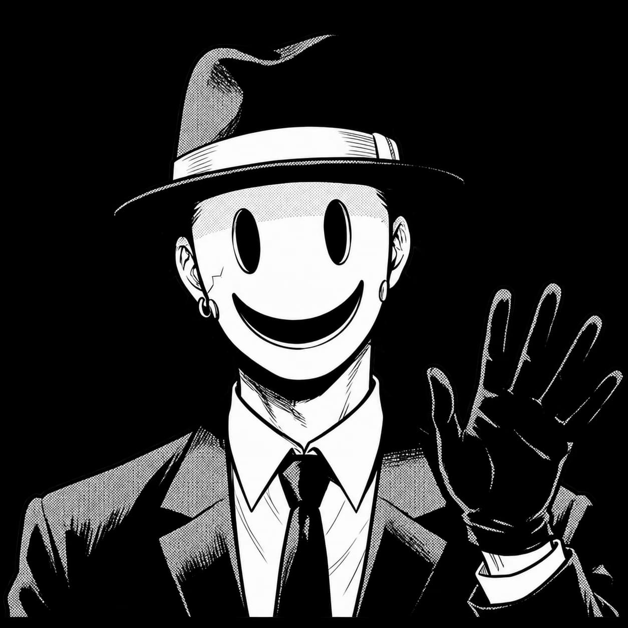 A smiling masked character waving hello